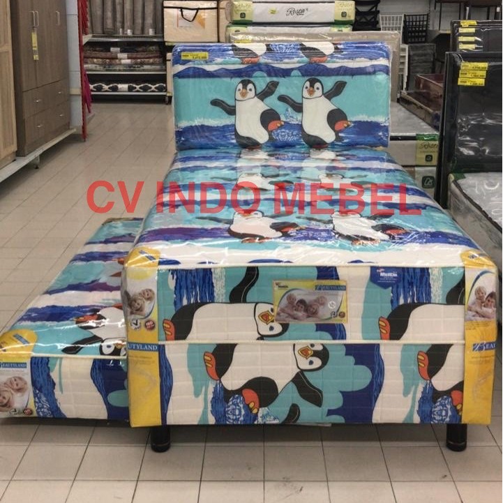 Springbed beautyland 2 in 1 susun dorong ukuran 120 single bed makassar murah penguin biru karakter