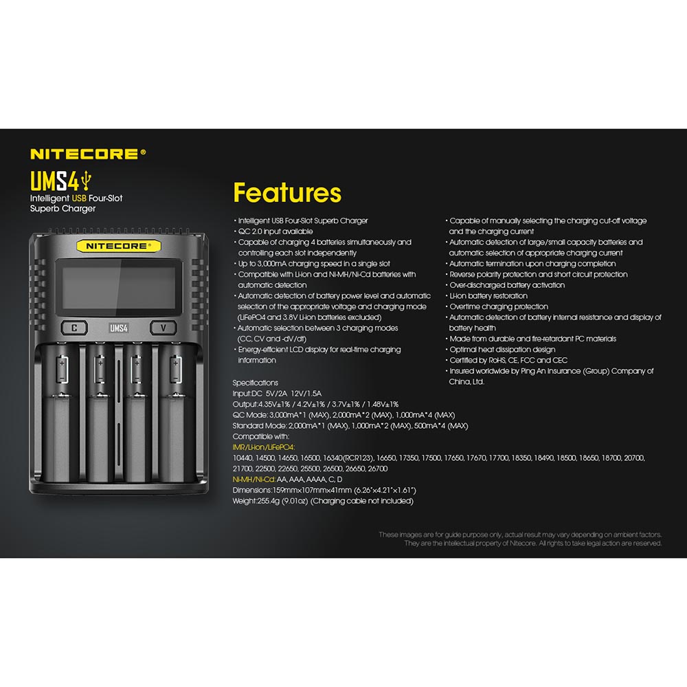 Nitecore Intelligent QC2 USB Charger Baterai 4 Slot 3A Li-ion NiMH - UMS4 - Black