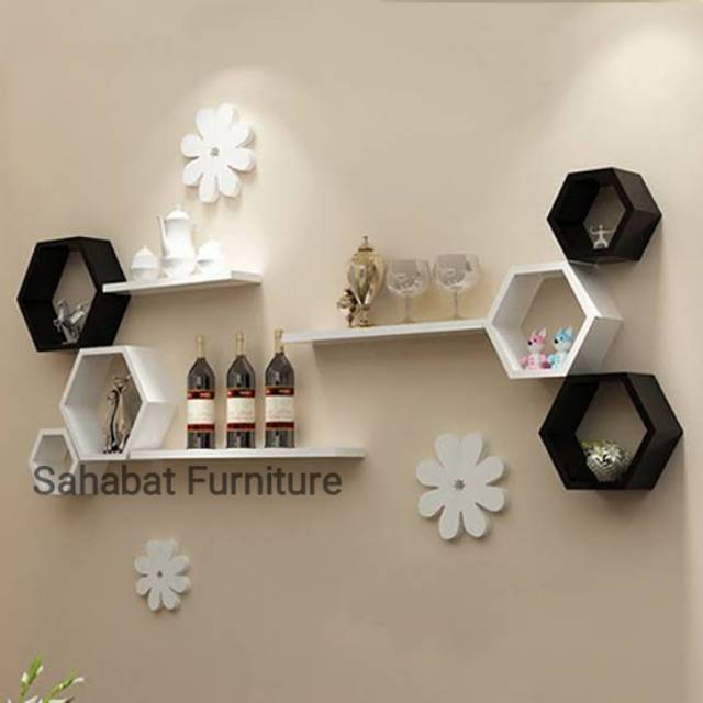 Rak dinding hexagonal 6 pcs + ambalan 3 pcs