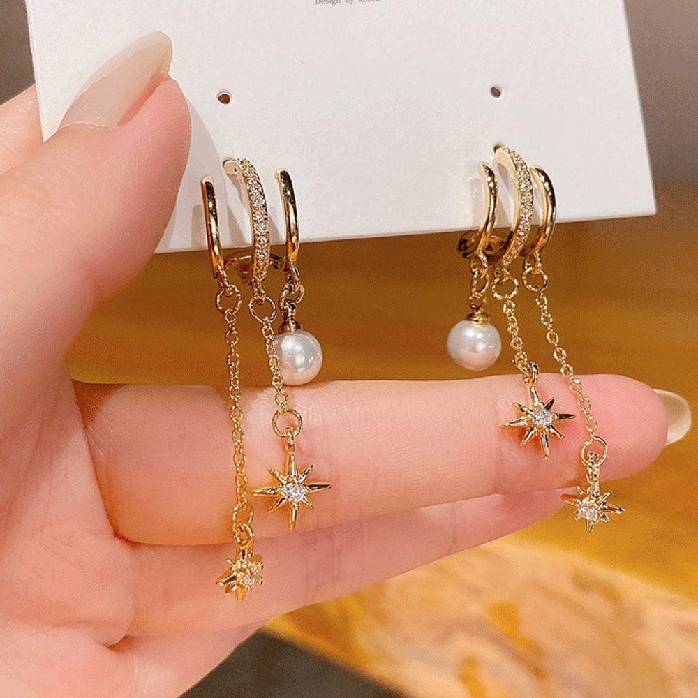 Mxbeauty Mutiara Drop Anting-Anting Kreatif Rantai Jepang Perak Pola Bintang Temperamen Tiga Lapisan Anting-Anting