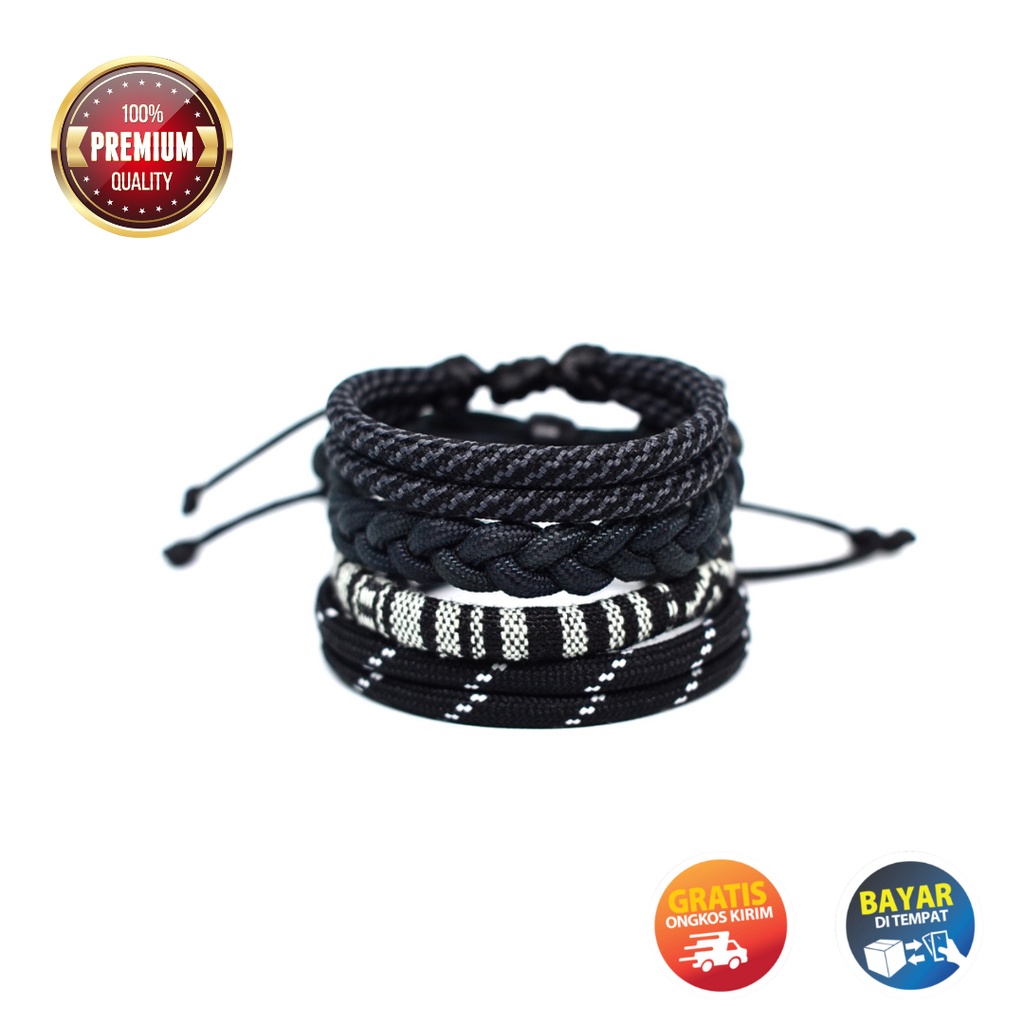 Gelang Pria Keren Hitam Tali Paracord Paket Set Murah