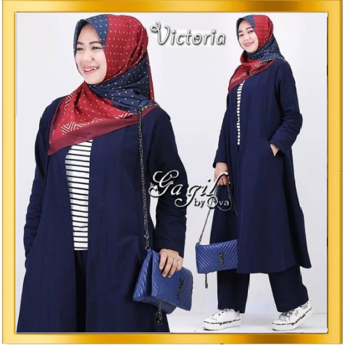 Outer muslimah long outer long cardy gelmor cardigan set+celanakulot bahan katun rami ukuran allsize