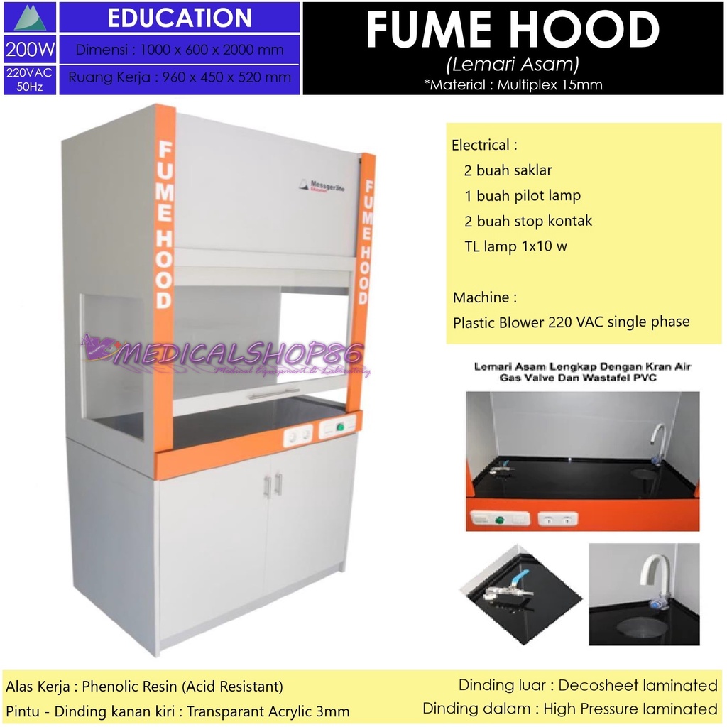 Jual Fume Hood Type Education / Lemari Asam, work size 960x450x520mm