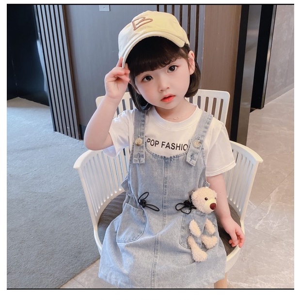 CG DR63 - FREE BONEKA Dress Overall 2in1 Set Kaos + Overall Jeans