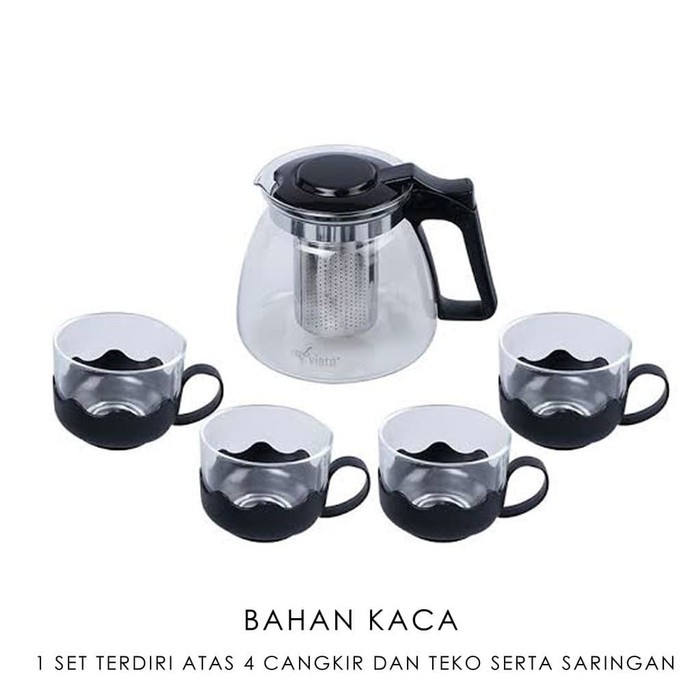 Tea Pot Set Kaca 5in1 + Saringan  Tea Pot Kaca Saringan 5in1
