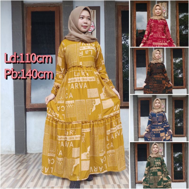 dress rayon motif gamis batik koran larva rok payung rempel susun murah