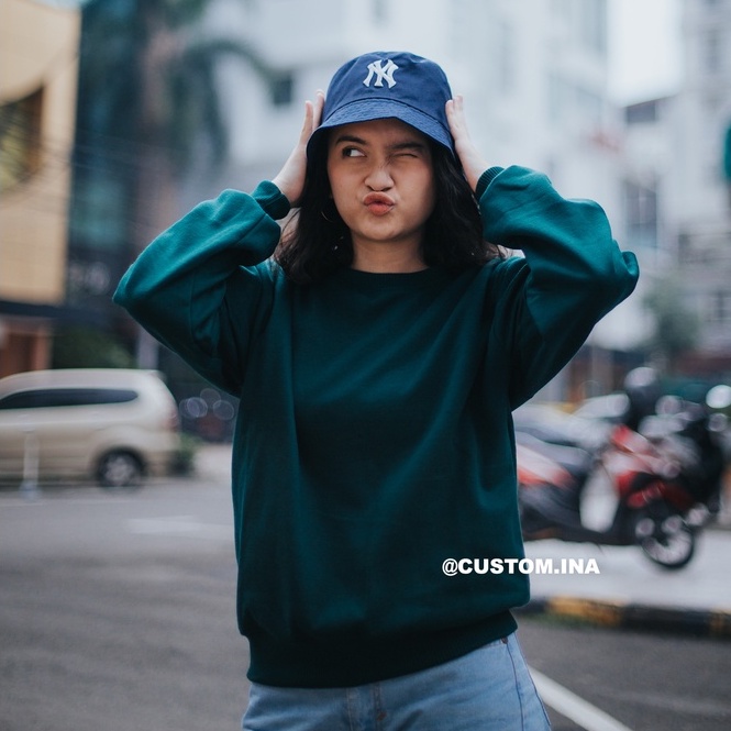 Basic Sweater Polos Oblong Crewneck Sweatshirt Pria Wanita Size M - XXXL-HIJAU BOTOL