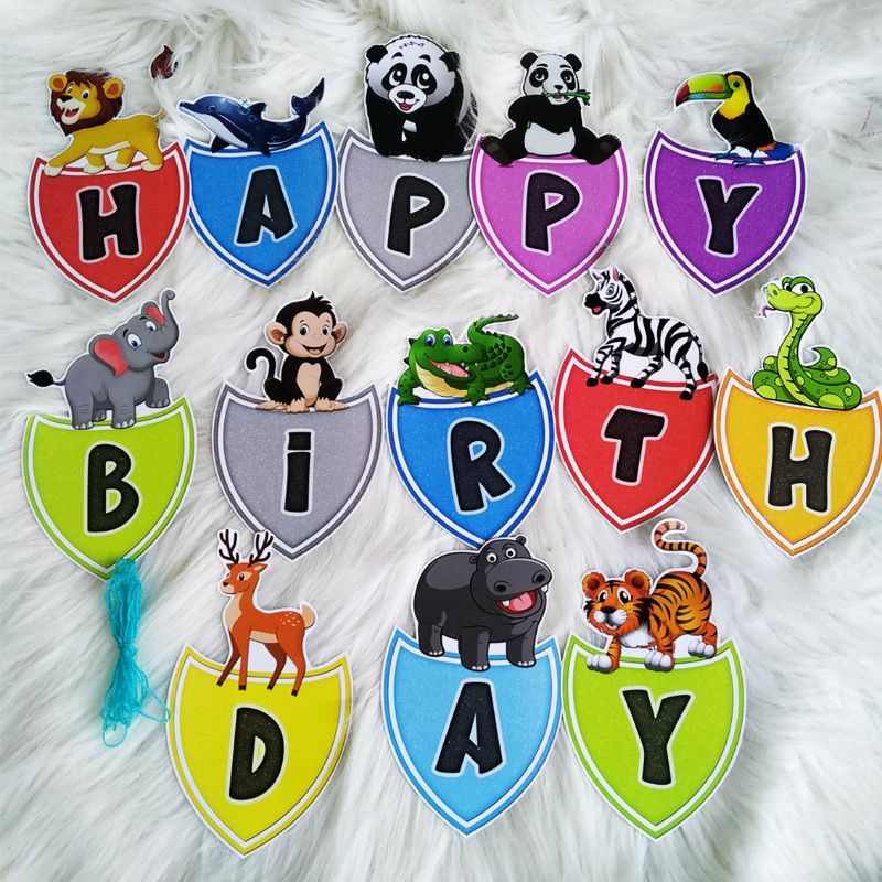 banner garland bunting flag happy birthday ulang tahun ultah hbd karakter zoo animal hewan binatang 