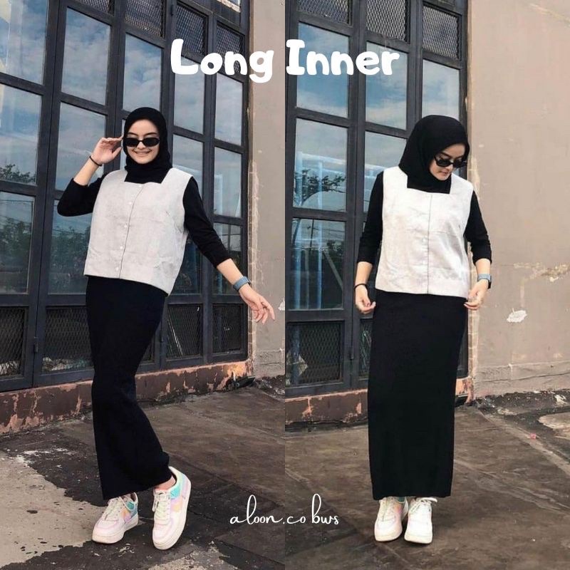 Alny Hijab - Manset polos gamis hitam inner panjang // Inner Dress lengan panjang bahan spandek dan jersey premium jumbo