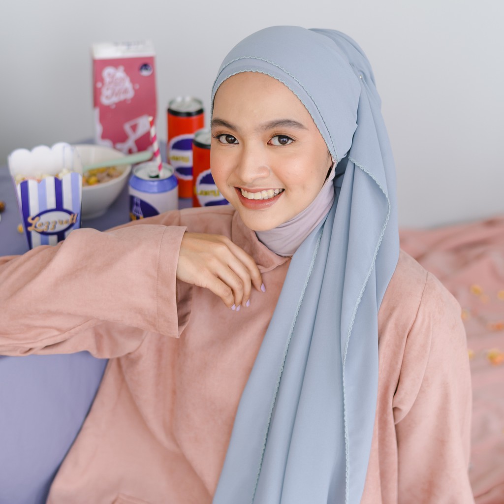 Lozy Hijab - Embroidery Signature Shawl Series 2 ( Pashmina Bordir Lozy x Hamidah )-Blue Pastel