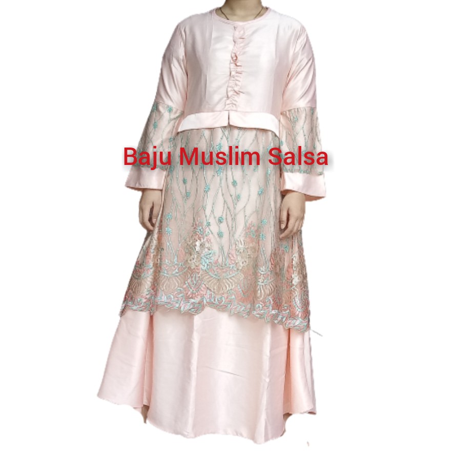 Baju Muslim Salsa gamis brukat peach murah gamis pesta baju muslim kondangan konveksi tangerang