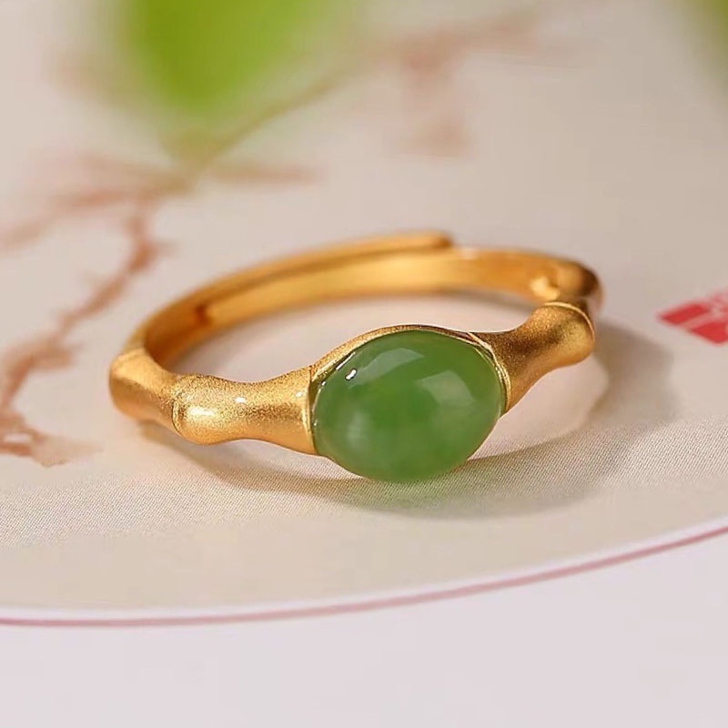 Cincin Bahan Bambu Giok Hetian Alami Gaya vintage Untuk Wanita