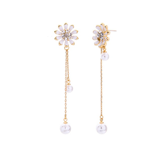 LRC Anting Tusuk Fashion Long Drop Glaze Flower S925 Sterling Silver Pearl Earrings Pearl D09027