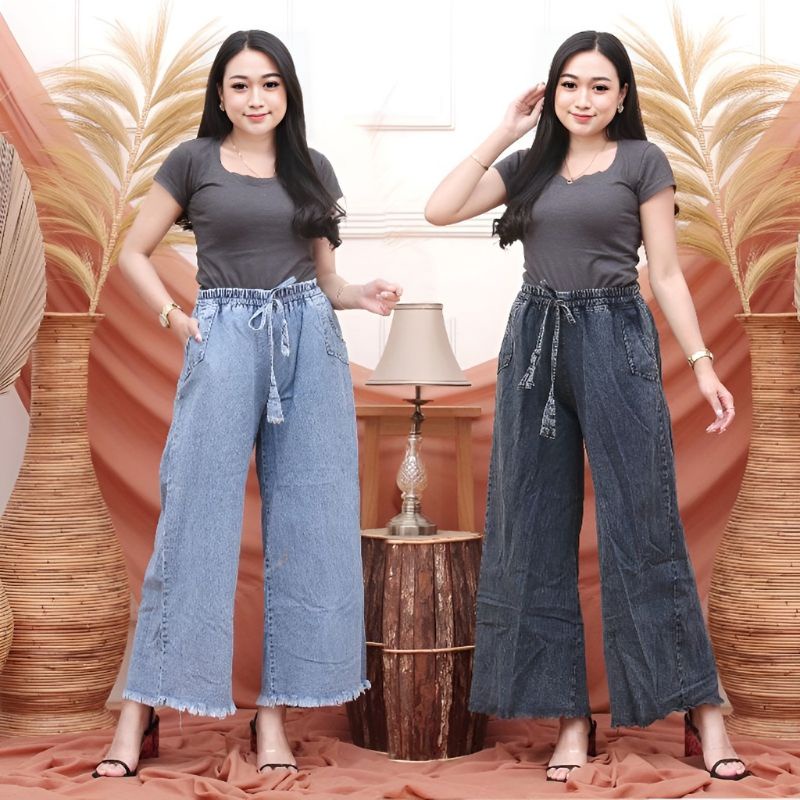 Celana Kulot Jeans Rawis &amp; Lipat Premium Kekinian Pinggang Karet Tali Aktif