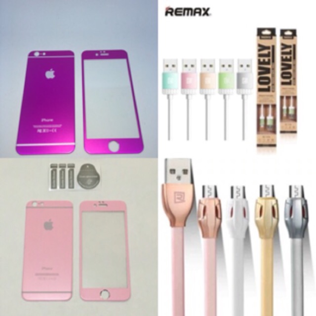 Paket Iphone 6 / 6s titanium alloy premium tempered glass + remax original cable / kabel