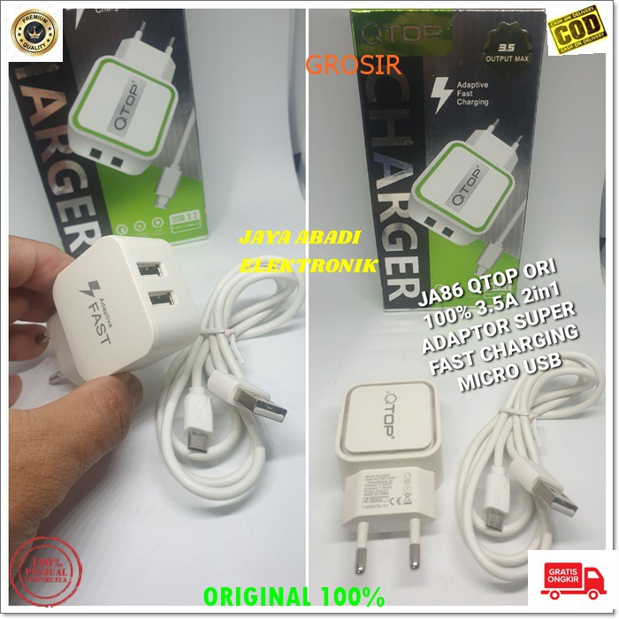 J86 ORIGINAL QTOP 3.5A ADAPTOR 2 USB SUPER FAST CHARGING TRAVEL ADAPTOR MICRO USB FLASH CHARGE QUICK MULTI adaptor hp micro usb cas casan super fast charging travel charger flash charge quick qualcomm adapter adaptive watt w kabel data androit handphone q