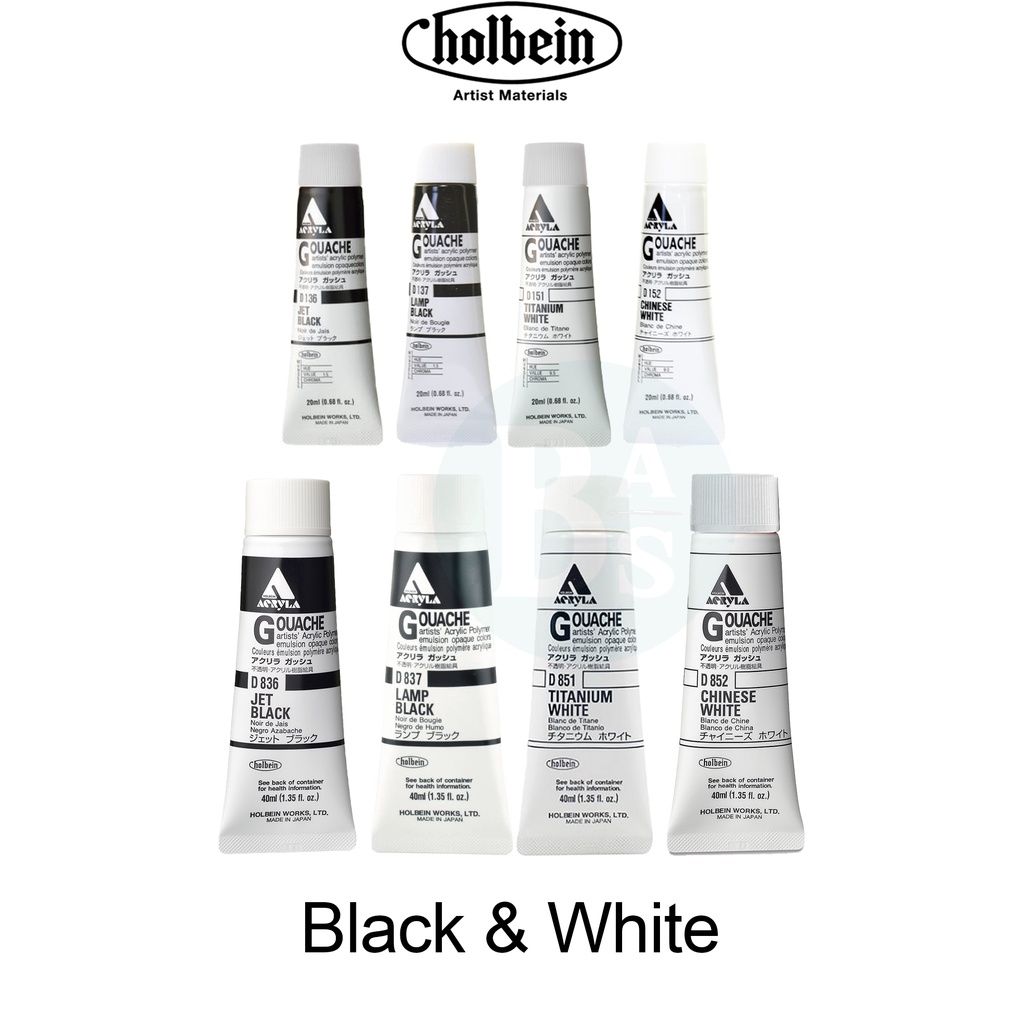 

Acryla BLACK & WHITE Acrylic Gouache Paint 20ml / 40ml - Holbein