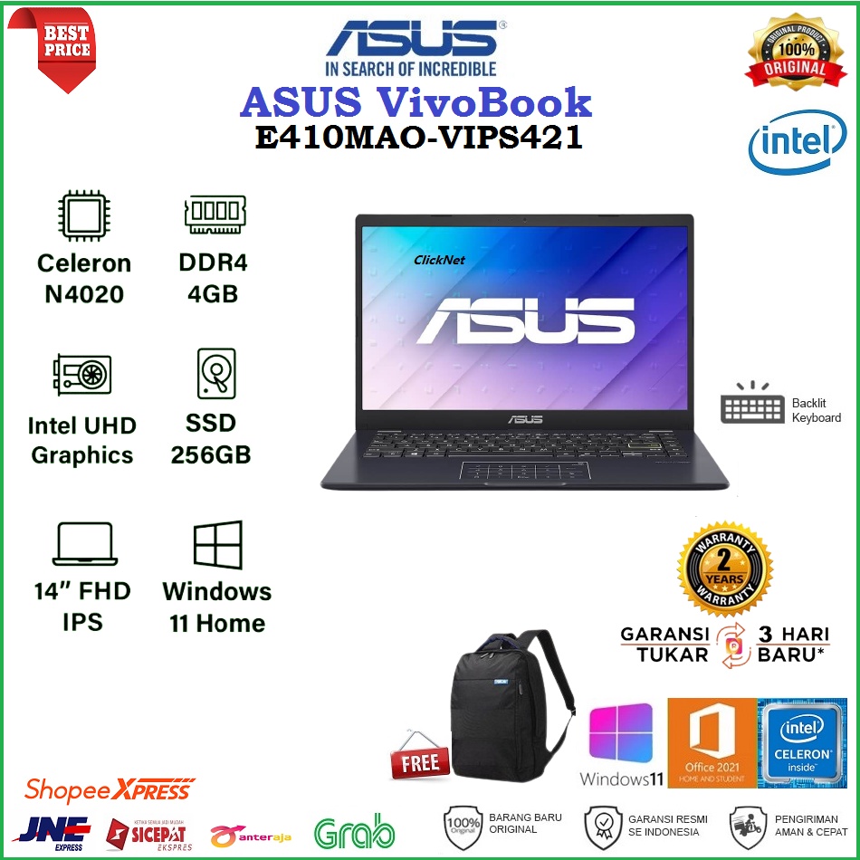 ASUS VivoBook E410MAO VIPS421 N4020 4GB 256GB SSD FHD IPS WIN11 OHS