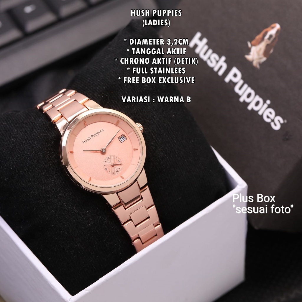 (FREE BOX) JAM TANGAN HUSH HUPPIES RANTAI BODY BULAT TANGGAL &amp; CHRONO AKTIF