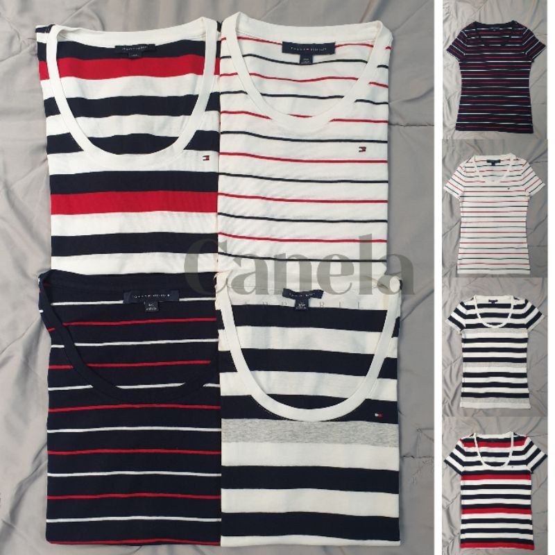 ORIGINAL Tommy hilfiger Round Neck Stripe T-shirt - Kaos Wanita Garis-Garis