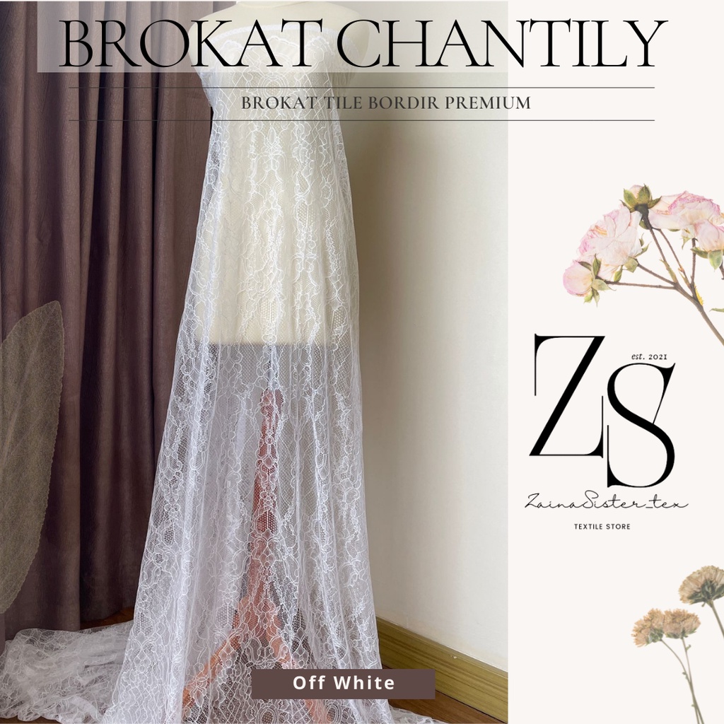 Bahan Kebaya Brokat Lace Chantily Semi Prancis Warna Putih Tulang Off White Broken White