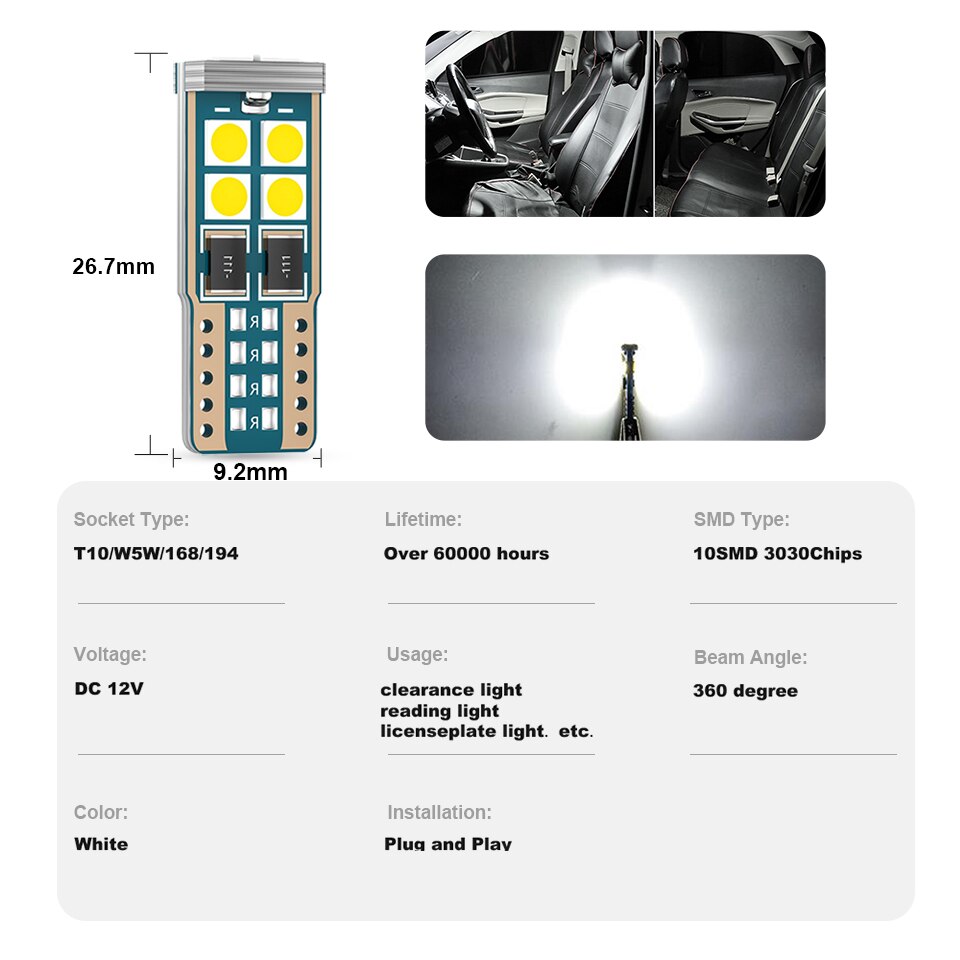 1 buah Lampu Sinyal T10 Bohlam LED 10SMD 3030 Chips LED W5W T10 Lampu Clearance Light Lampu Baca Lampu Interior Putih 12V