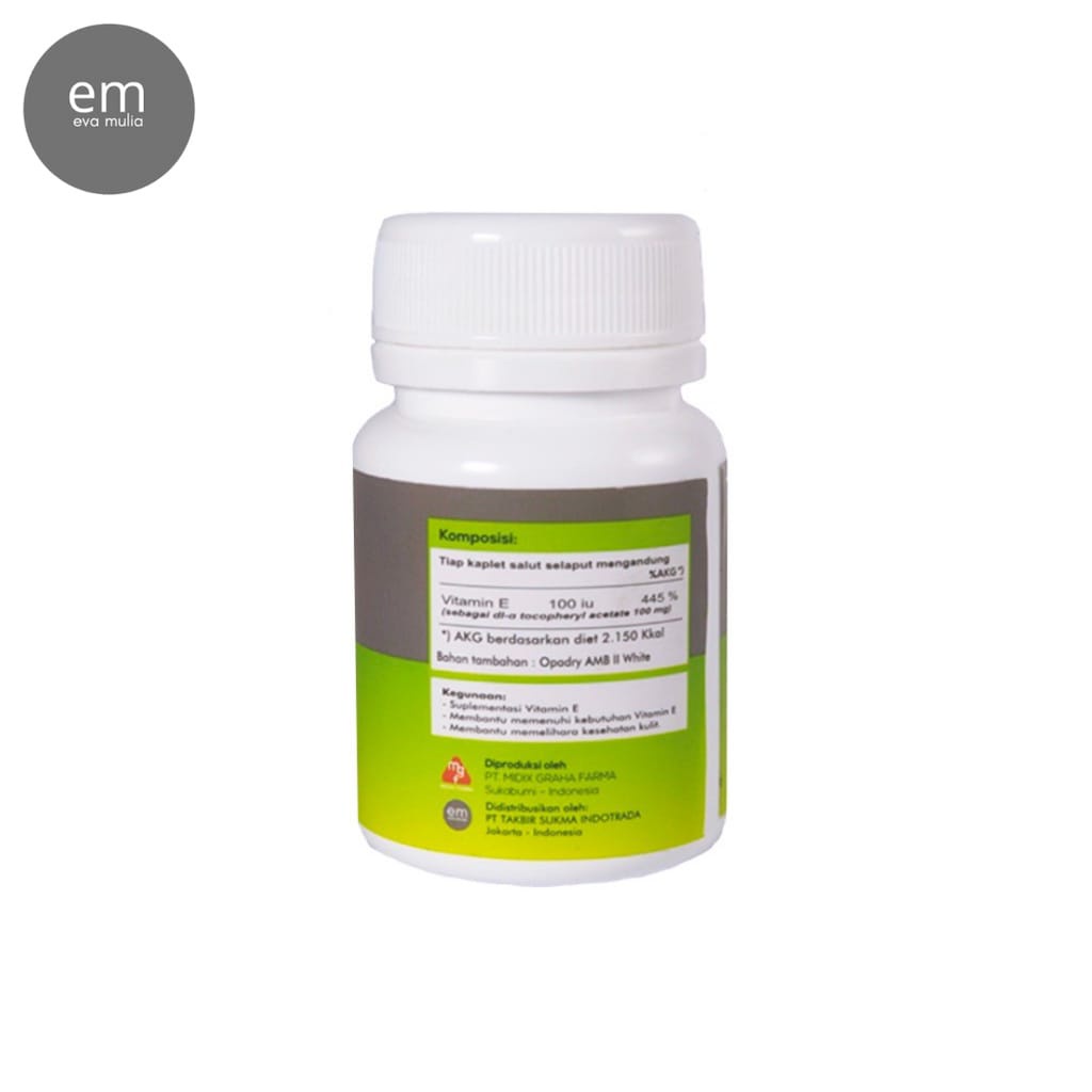 Vitamin E 100 iu 30 kaplet Salut Selaput(Untuk Pori-Pori dan Kesehatan Kulit) Eva Mulia