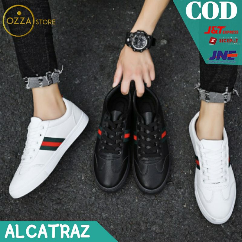 sepatu sneakers pria alcatraz import hitam putih premium tali