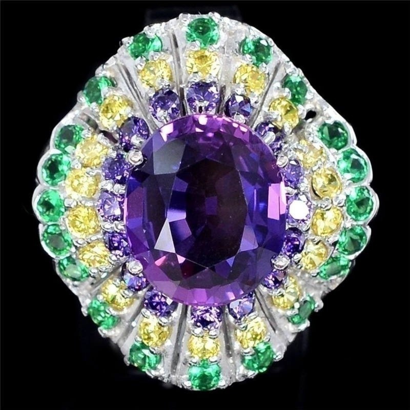 SeuSuk Natural Amethyst &amp; Topaz &amp; Emerald Wedding Birthstone Bride Fashion Ring