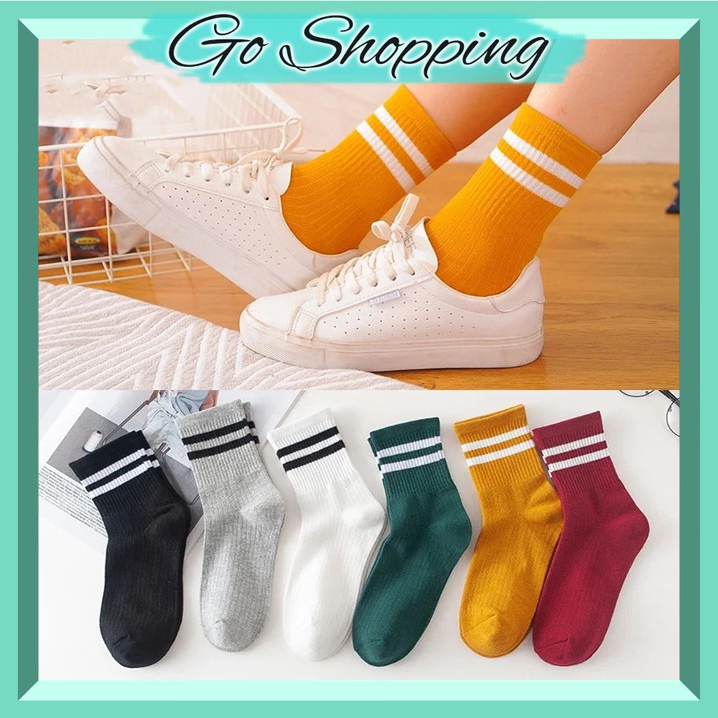 GO! KK606 Kaos Kaki Mid 2 Garis Import Korea Kaus Kaki Panjang Betis Warna Cewek Cowok