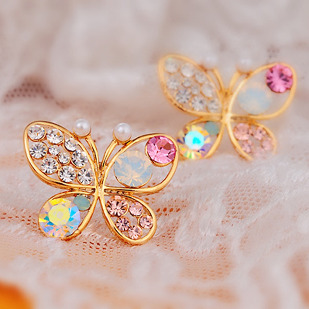 Anting Stud Bentuk Kupu-Kupu Aksen Mutiara Bahan Zirkon Warna-Warni Untuk Wanita