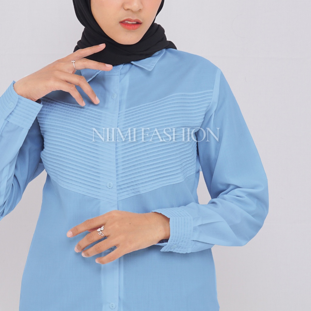 NIMI - Kemeja Biru Wanita Rempel Lipit Baju Kemeja Kerja Wanita Lengan Panjang