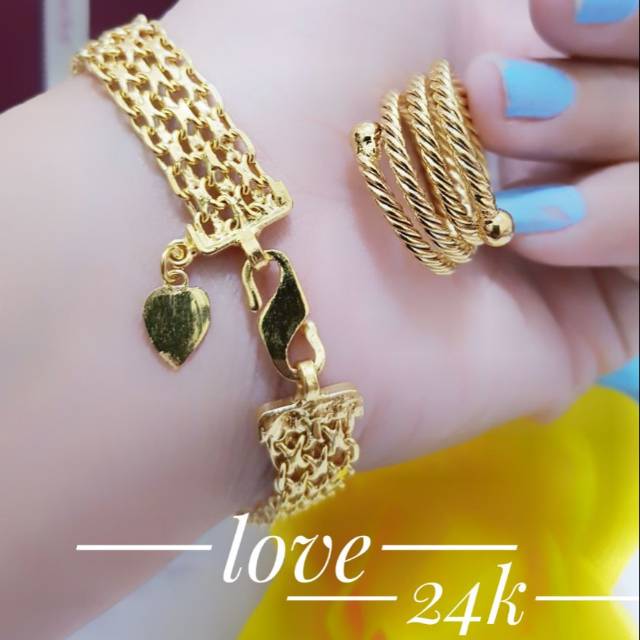 Gelang tangan plus cincin ulir dilapisi emas 24 k