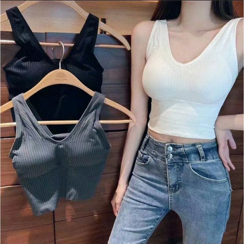 TANKTOP WANITA KAMISOL KOREAN STYLE CUP BRA BAHAN KNIT SPANDEX