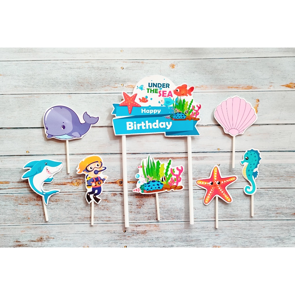 satu set cake topper toper hiasan kue ulang tahun karakter binatang hewan laut hewan bawah laut unde