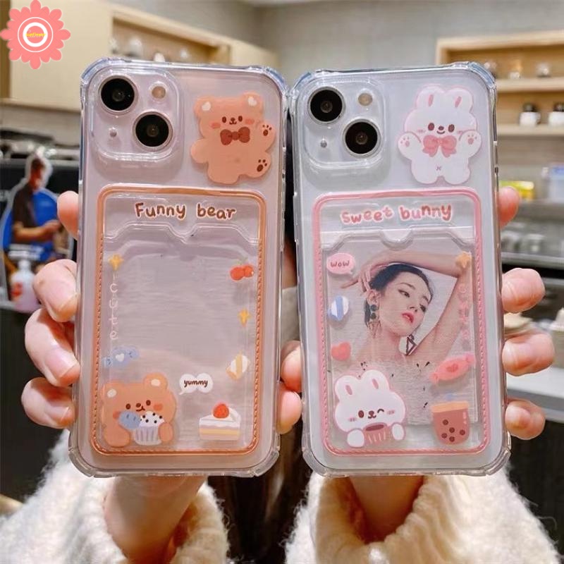 Bening Tempat Kartu Case Redmi A1 10 10c 9 9A 9C NFC Redmi Note 11 10 10s 9 Pro Note9 Mi 12 12x11 Lite POCO X3 Pro NFC POCO M3 Beruang Lucu Sweet Bunny Dompet Slot Soft Cover