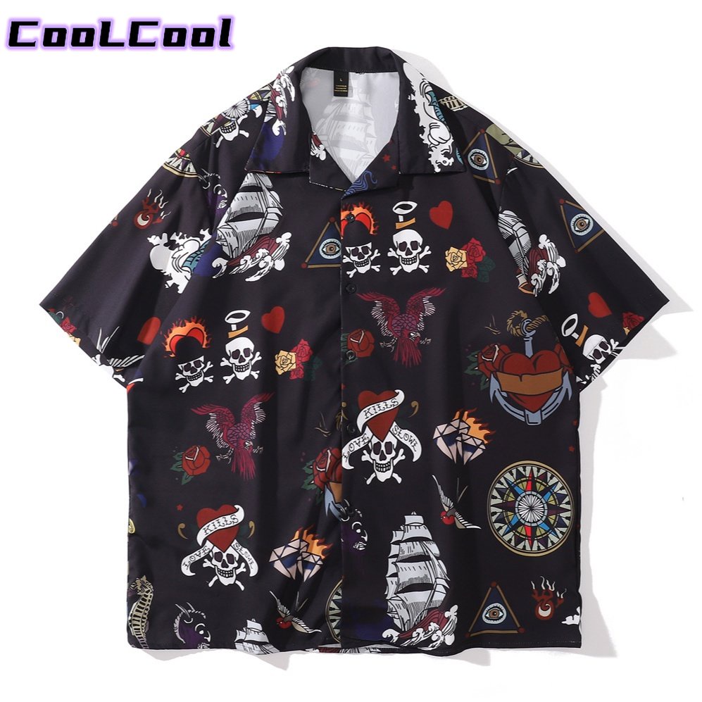 COD Oversize New Street Style Fashion Pirate Skull Print Women Men Casual Black Tops Loose Short Sle