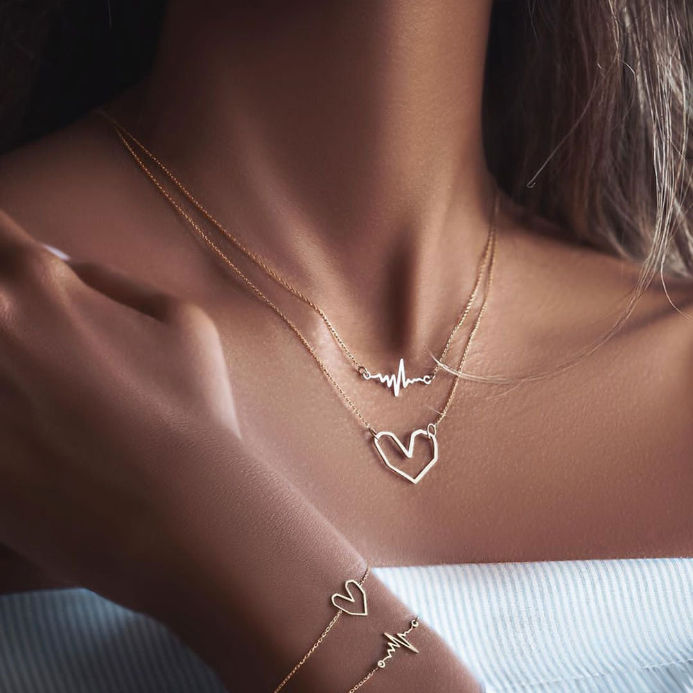 Fashion Kalung Hati Ganda Rantai Klavikula Logam EKG Yang Dipersonalisasi Hari Valentine Cinta Fashion Wanita Perhiasan