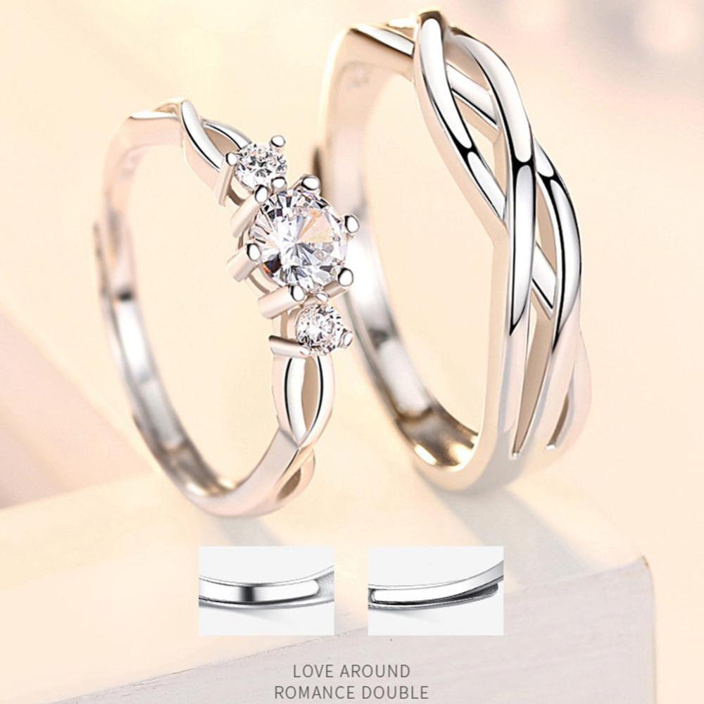 Timekey Cincin Pasangan Adjustable Hias Zircon Untuk Hadiah Valentine A8K6