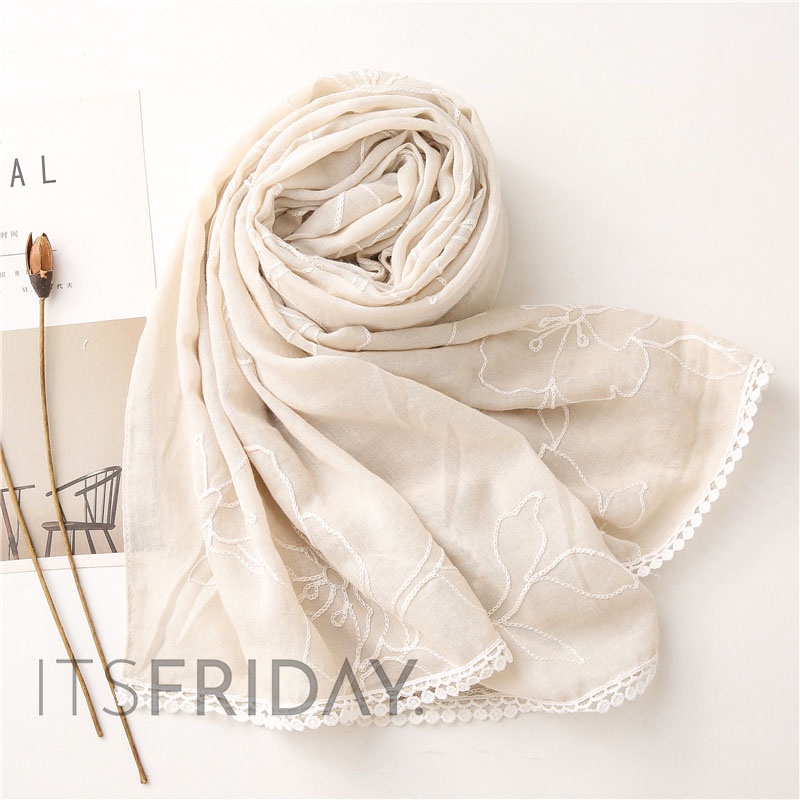 ITSFRIDAY NEVA Scarf - Premium Pashmina Shawl Selendang Syal Pasmina Hijab Import Motif Lace Renda Bordir Bunga Nude Cream