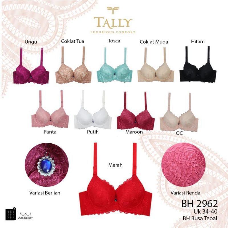 BH TALLY 2962 PUSH UP KAIT 3 - BH BUSA TEBAL KAWAT PUSH UP MENGANGKAT PAYUDARA FULL RENDA - SIZE 34 36 38 40 - ARA98STORE