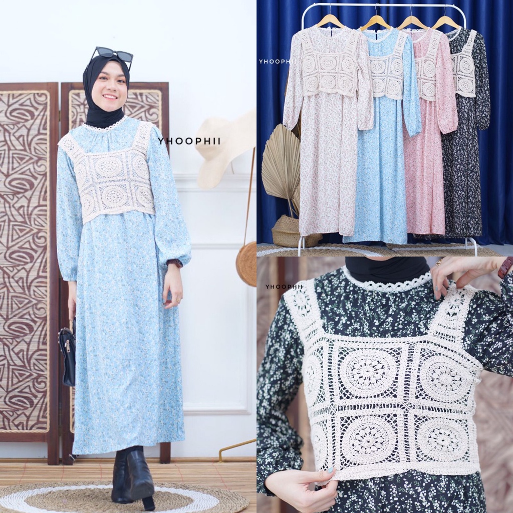[YP 9127] New Collection - Gamis Wanita Remaja Rompi Rajut Kekinian / Gamis Wanita Muslim Motif Bung