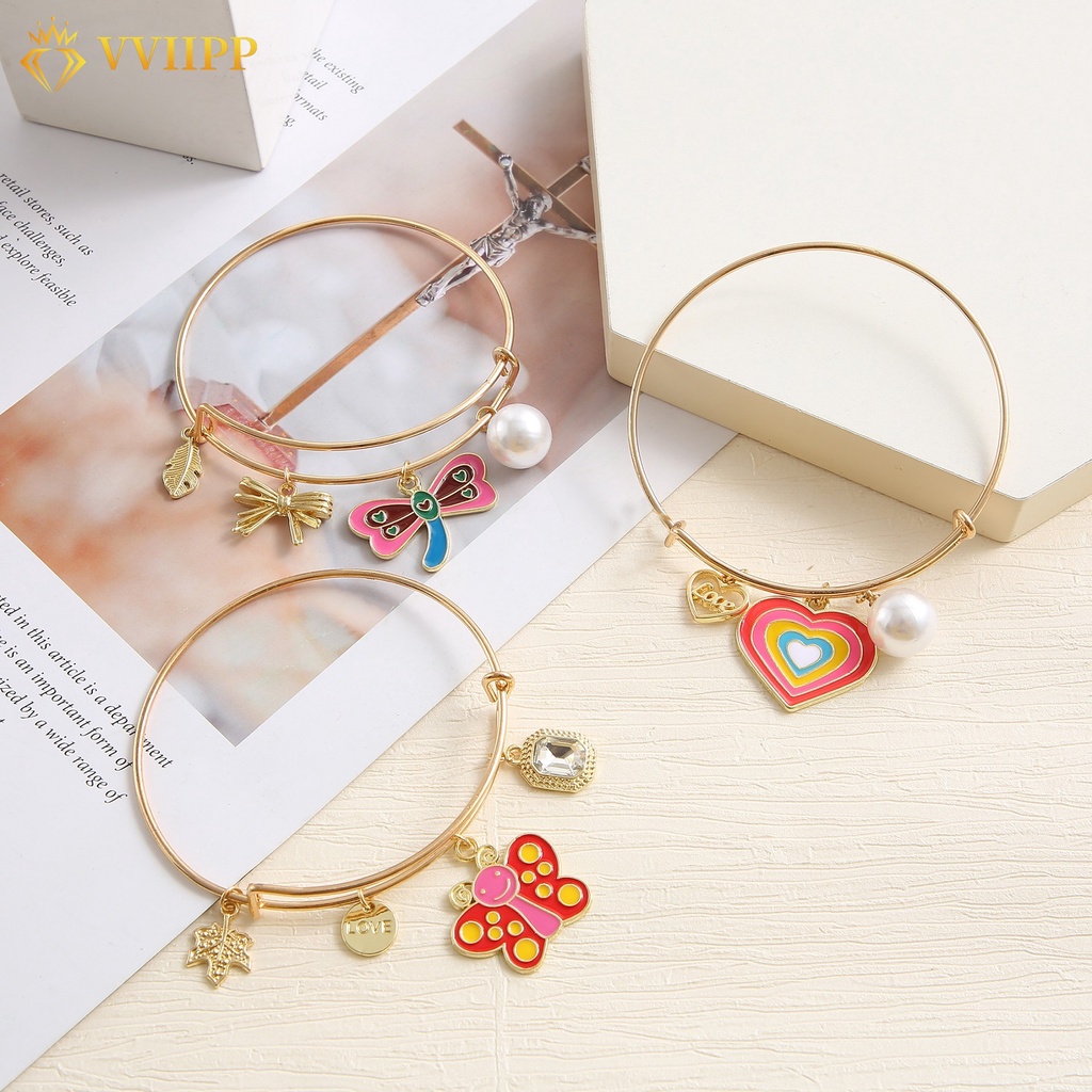 Butterfly Gelang Bangle Adjustable Desain Kupu-Kupu Capung Hati Warna Emas Untuk Wanita