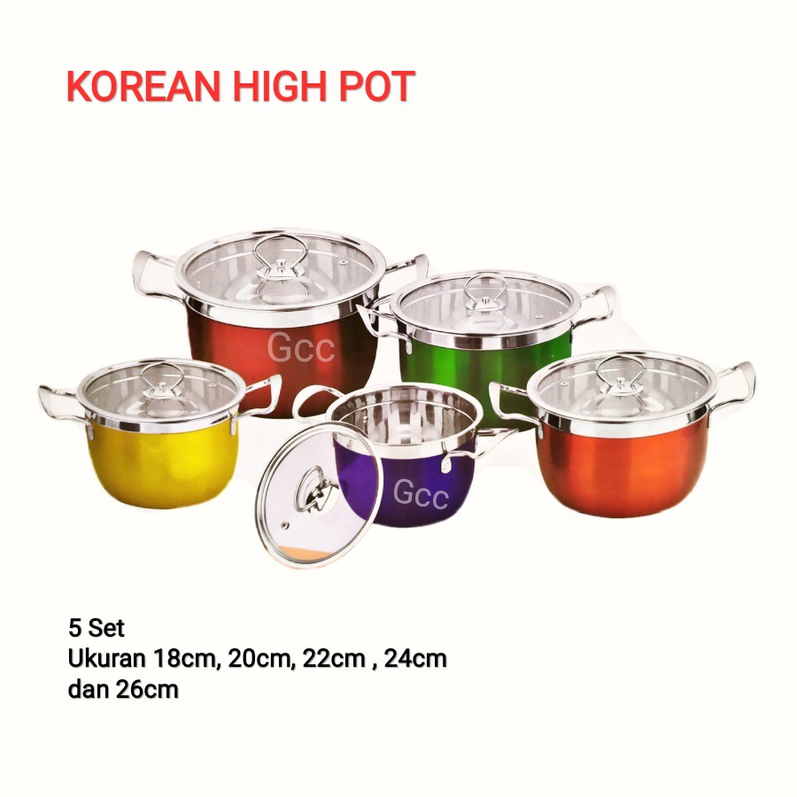 A1 Panci 5 Set Warna Warni Korea Pot Multiuse Stainless Steel 5 Panci Dan 5 Tutup Kaca Stock Pot color