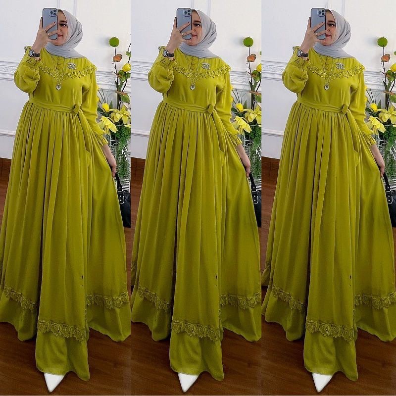 Naraya Dress / Rauna Dress / Gamis Wanita Terbaru Matt Ceruty + Furing Aplikasi Renda / Fashion Muslimah Kekinian / Terlaris / EF-3