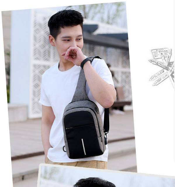 Tas Selempang usb pria casual anti maling multifungsi smart sling bag/chest bag sport