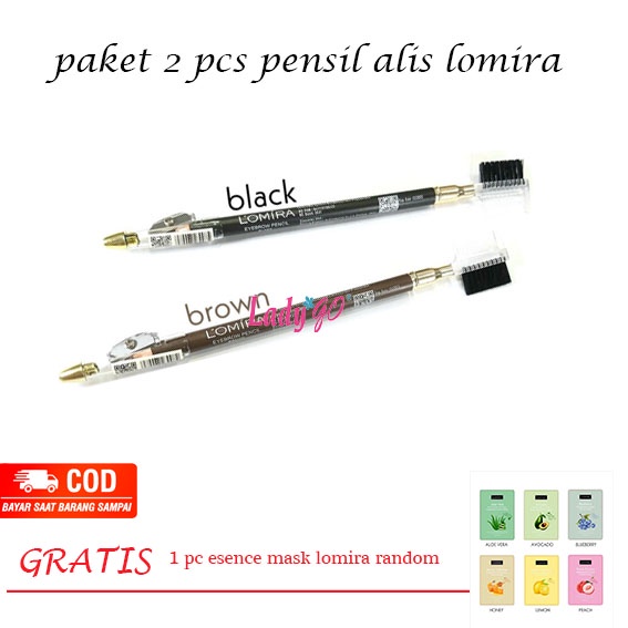 Paket 2 pcs Pensil Alis Lomira Hitam Dan Coklat [free mask wajah lomira random]