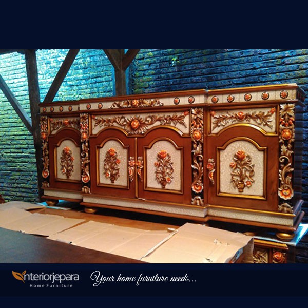 Bufet Kayu Jati Mawar LIngkar Motif Marmer, Bufet Minimalis, Meja Tv