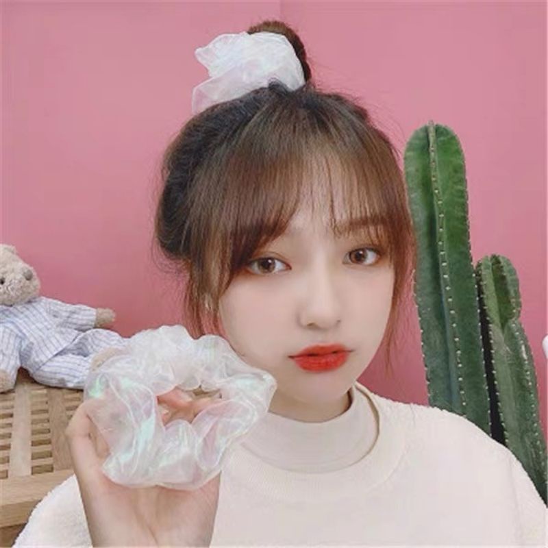 Ikat Rambut Scrunchie Cepol Bahan Satin Transparan Hologram Unicorn Gaya Korea