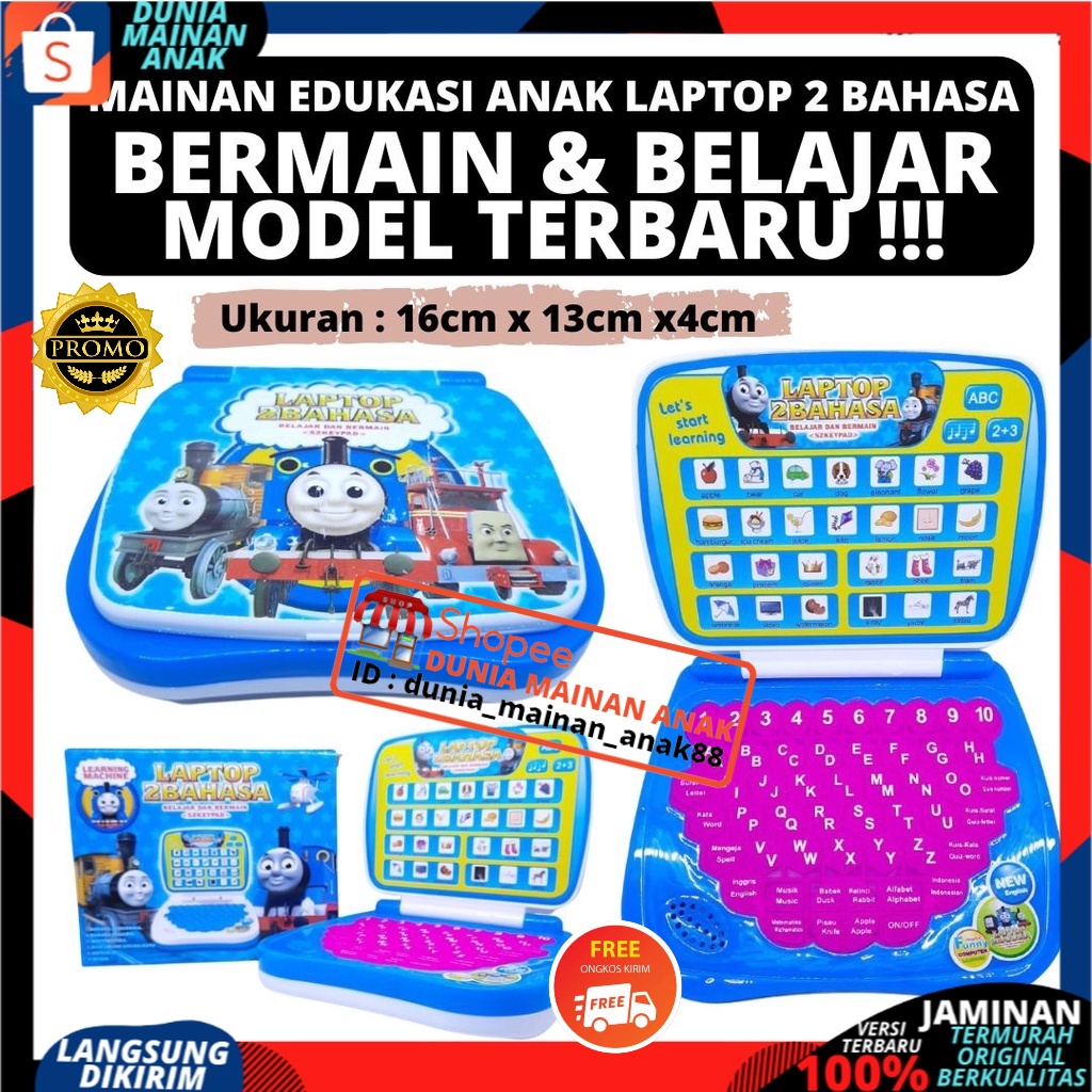 Mainan Edukasi Anak Laptop Buat Belajar 2 Bahasa Karakter Lucu Bahan Bagus Kado Ulang Tahun SNI